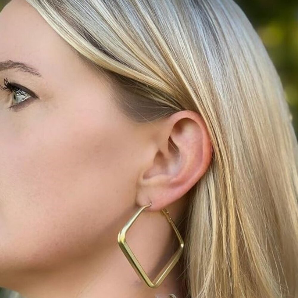 NEW Girl Boss Minimalist Shiny Gold Large Square Hoop Earrings Hoops
